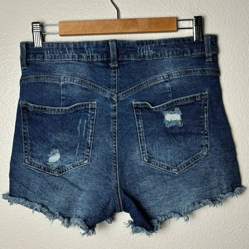 ARIYA Shorts Women's 11/30 Curvy High Rise Distressed Cut Offs Med Blue